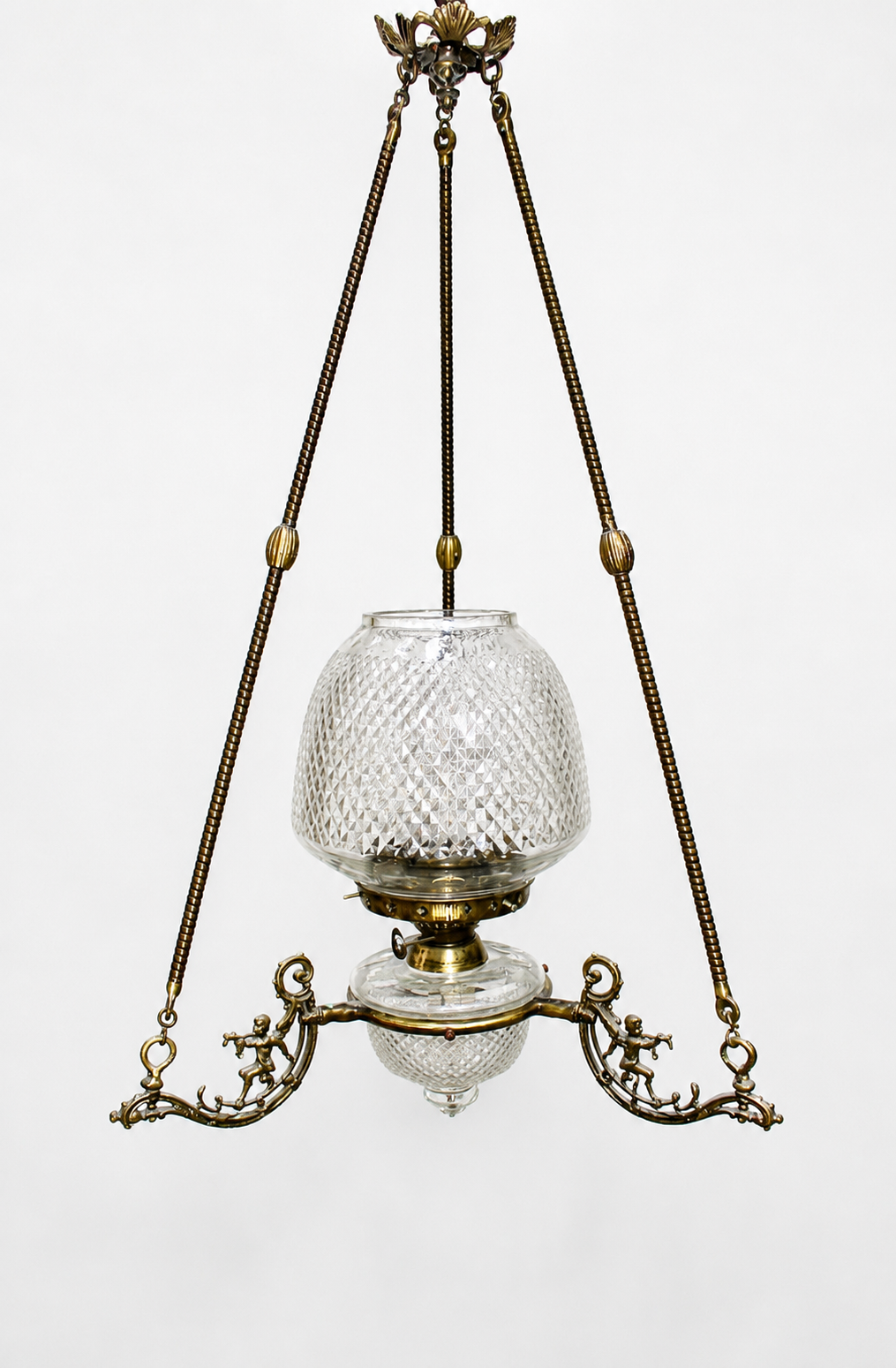 Cherub Motif Diamond-Cut Glass Hanging Light — Twin Scroll Supports · SGE-HL-035 · Samrat Glass Emporium — view 2