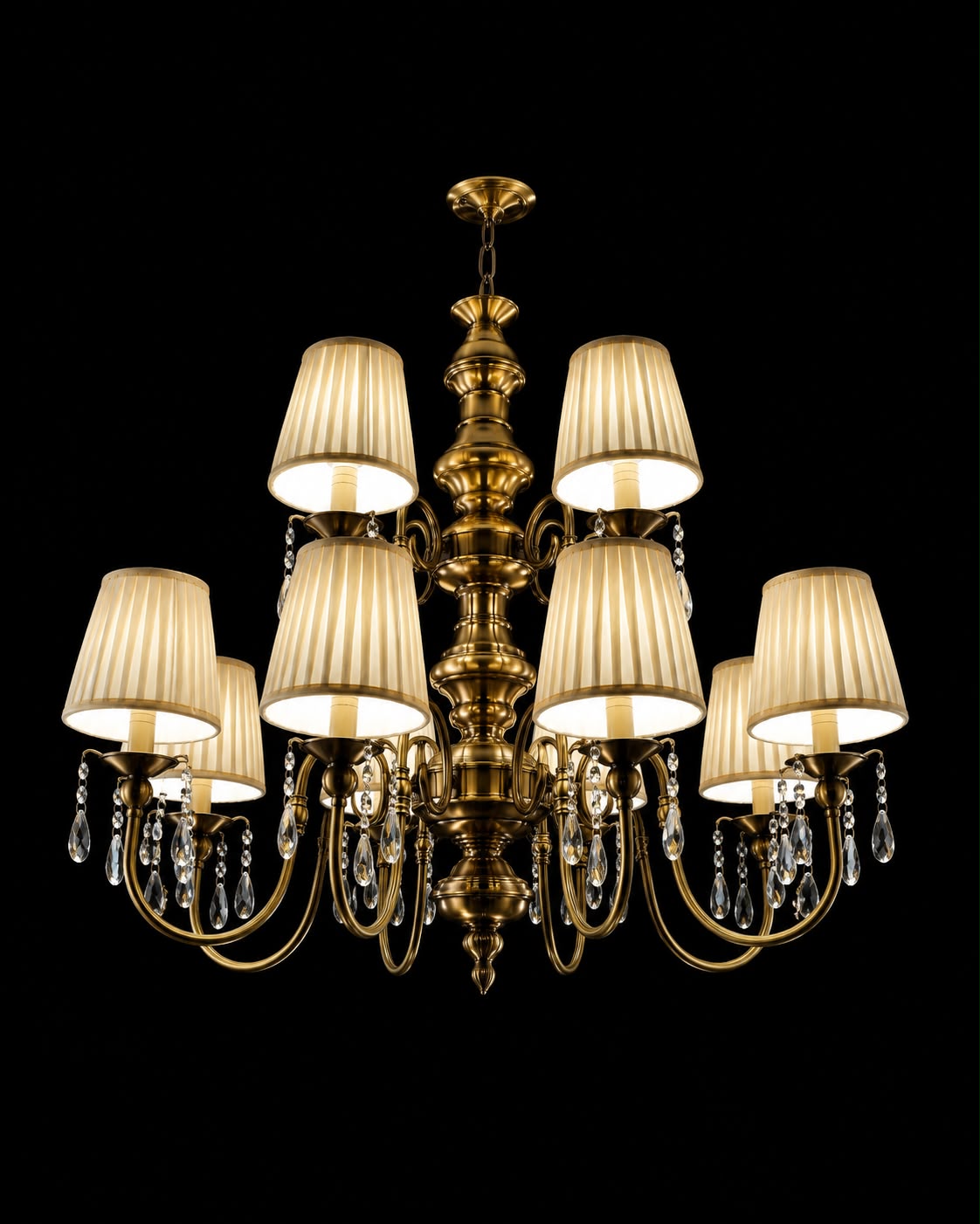 Nooranjali Pleated-Shade Crystal-Drop Two-Tier Chandelier · SGE-CH-019 · Samrat Glass Emporium