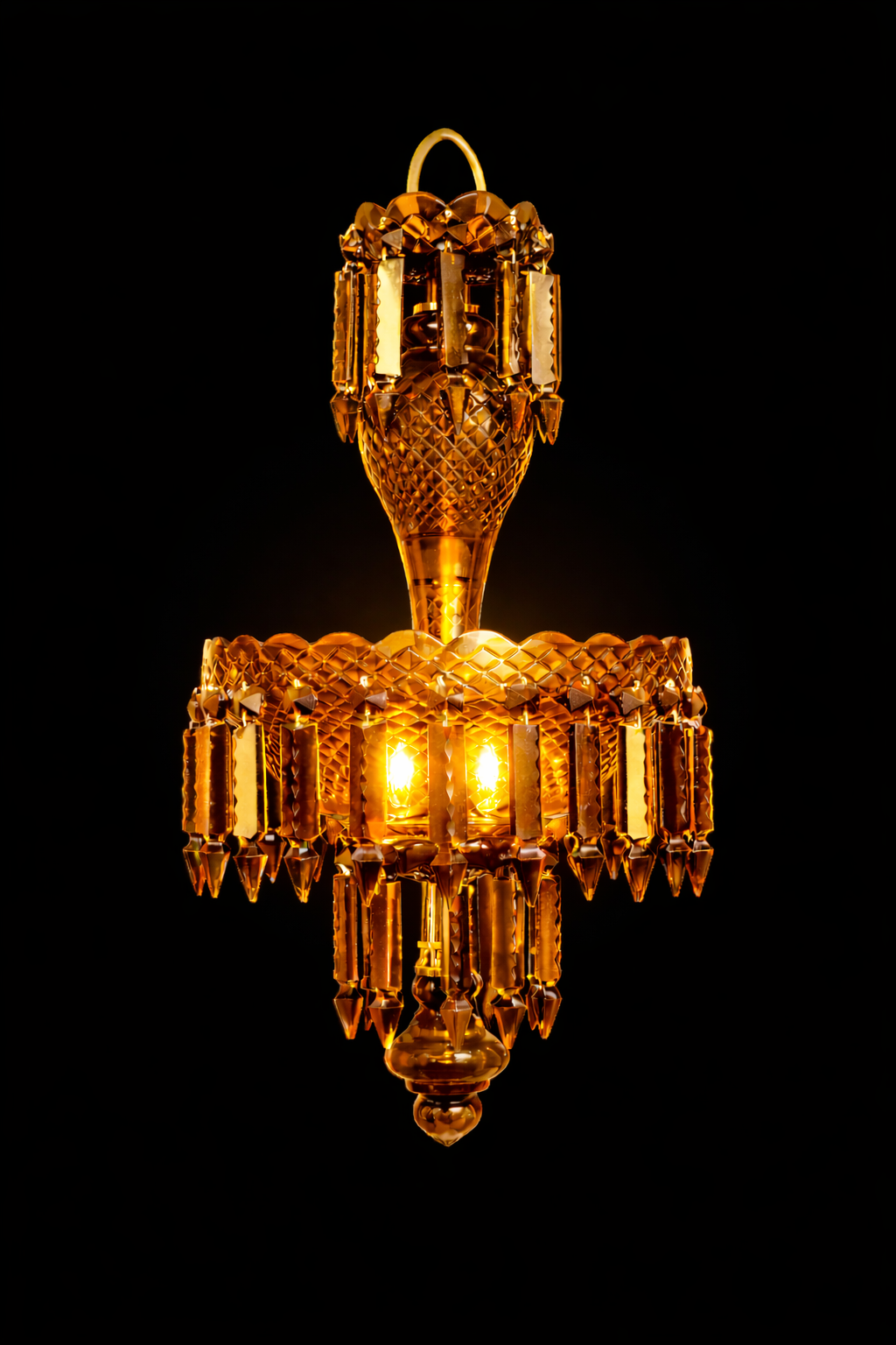 Haritma Amber Cut-Glass Hanging Light — Twin-Light Prism Cascade