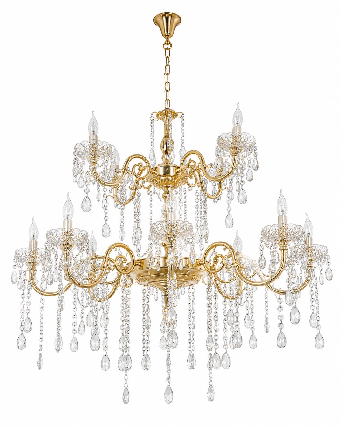 Rajdarbar Crystal-Draped Two-Tier Antique Gold Chandelier — Twelve-Light · SGE-CH-048 · Samrat Glass Emporium — view 2