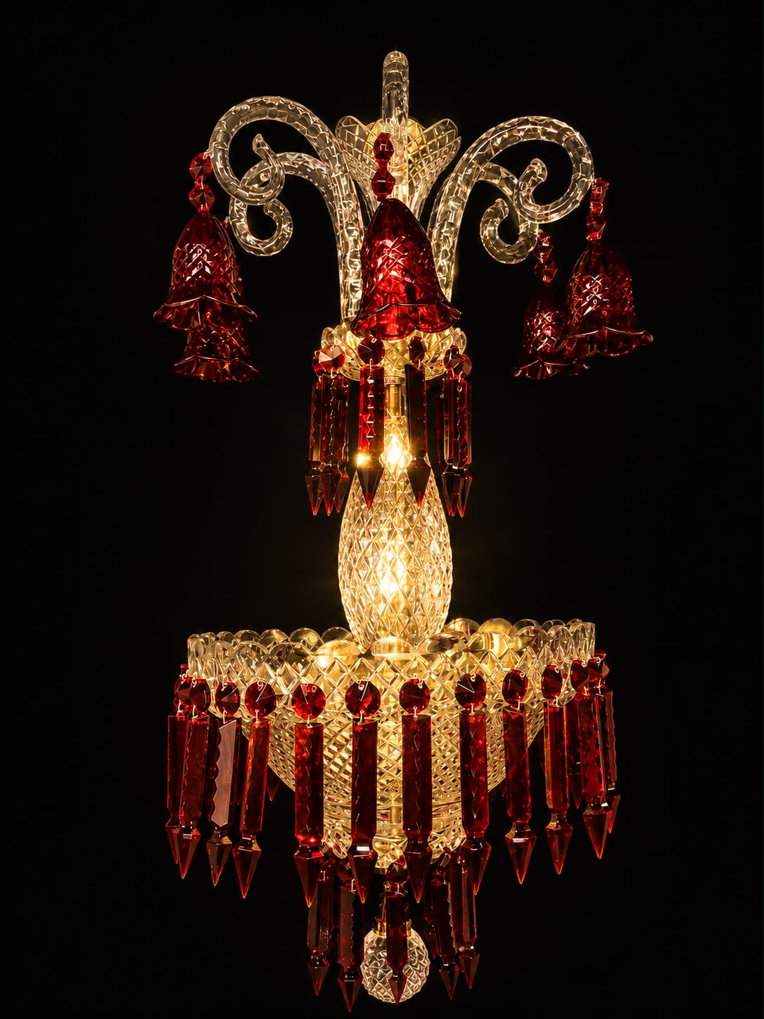 Raktpushp Clear & Ruby-Red Crystal Hanging Light — Bell & Prism Fringe · SGE-HL-088 · Samrat Glass Emporium