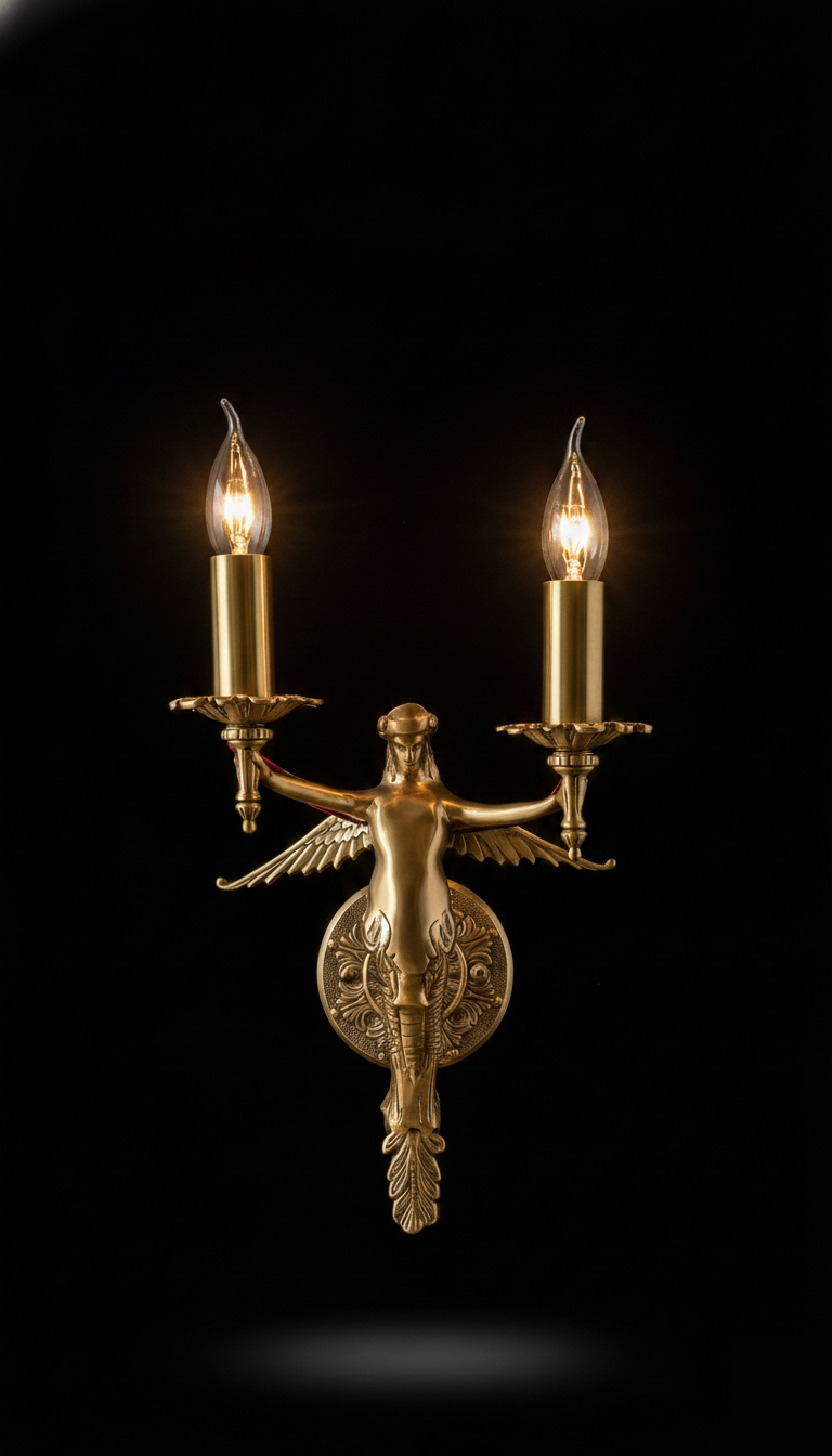 Garudini Winged-Figure Twin-Light Antique Brass Wall Sconce