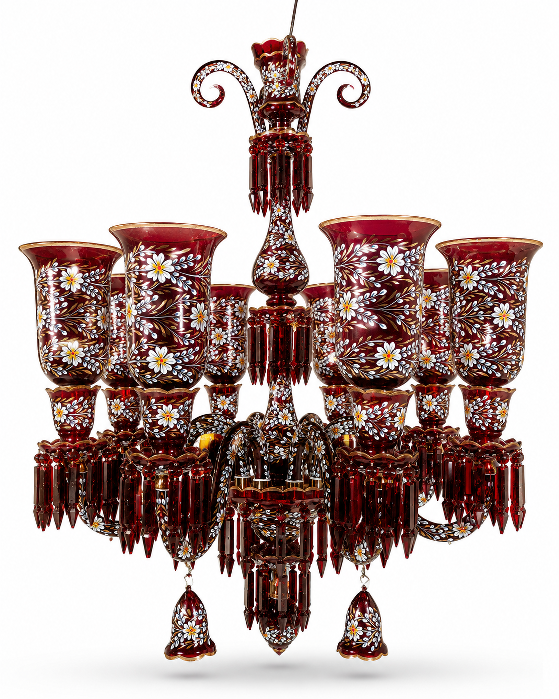 Gulnaqqashi Ruby-Red Hand-Painted Floral-Glass Eight-Light Chandelier · SGE-CH-119 · Samrat Glass Emporium — view 2