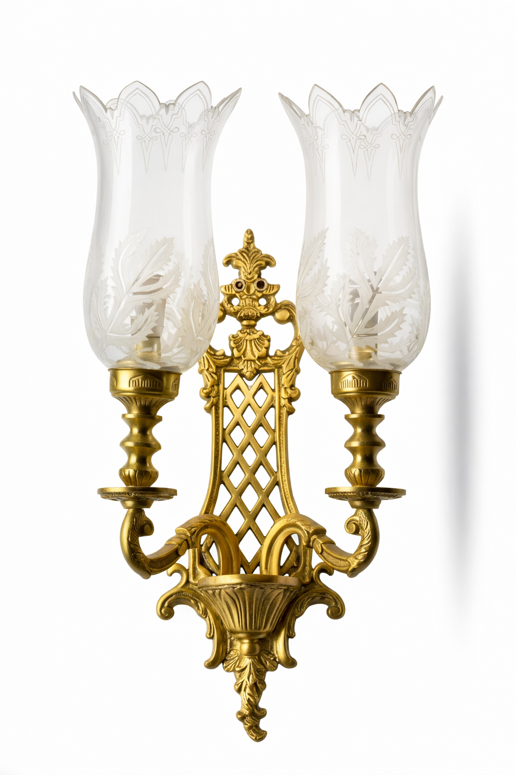 Jaalmahal Etched-Tulip Twin-Light Antique Brass Wall Sconce · Wall Light · SGE-WL-082 · Samrat Glass Emporium — view 2