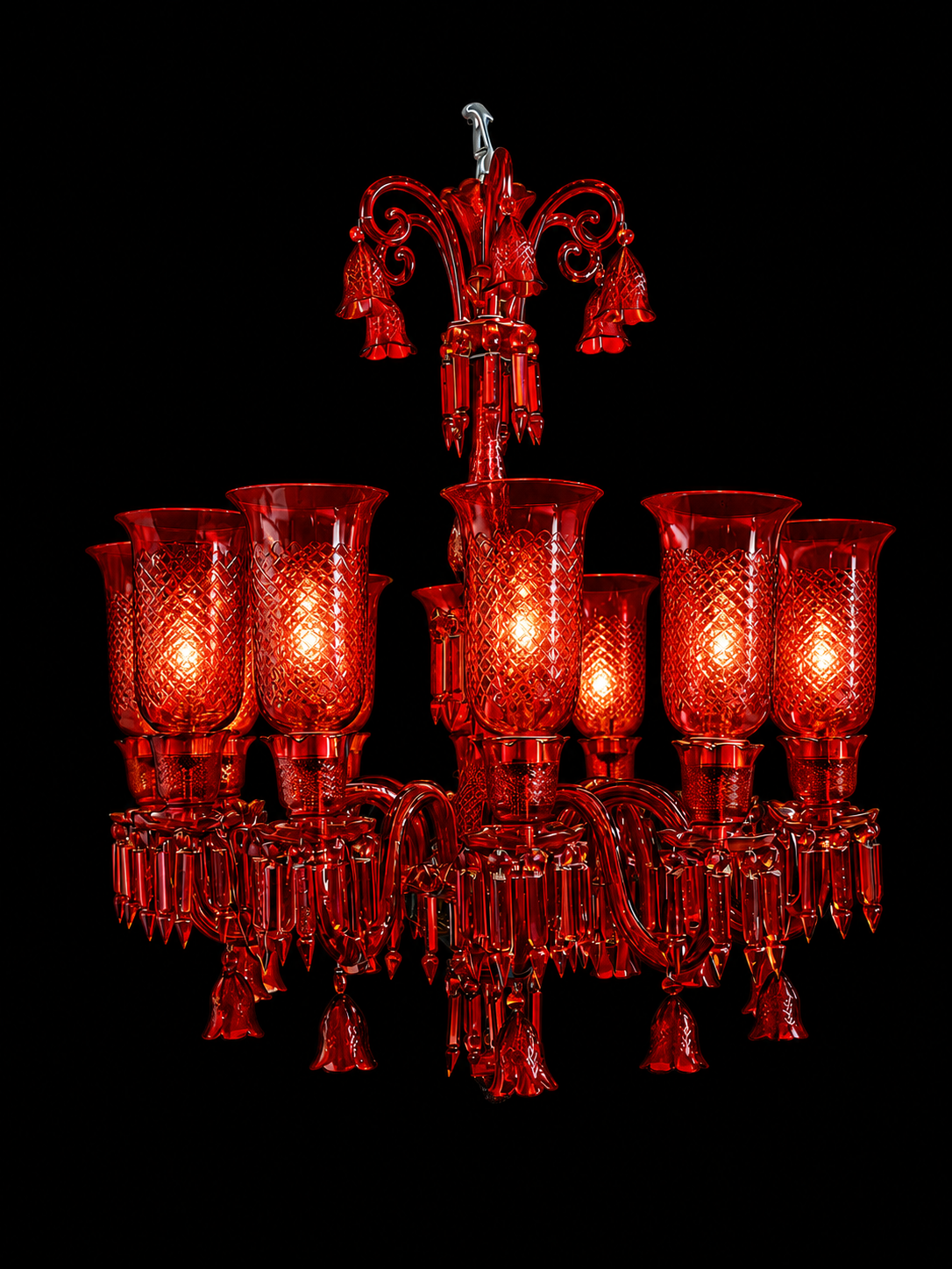 Meher Diamond-Cut Tulip Grand Chandelier — 12-Light Ruby Red