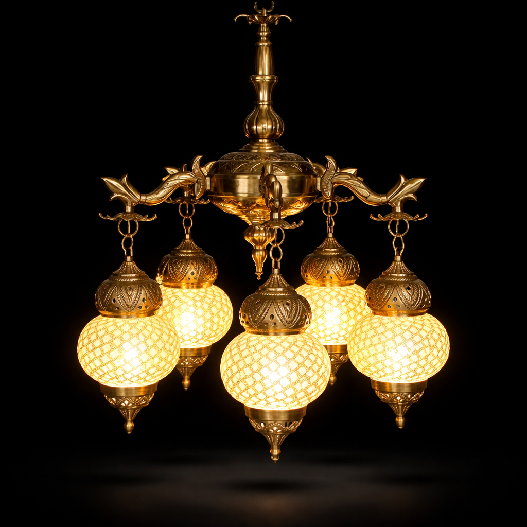 Jaalika Lattice Glass Chandelier — Five-Light Antique Gold