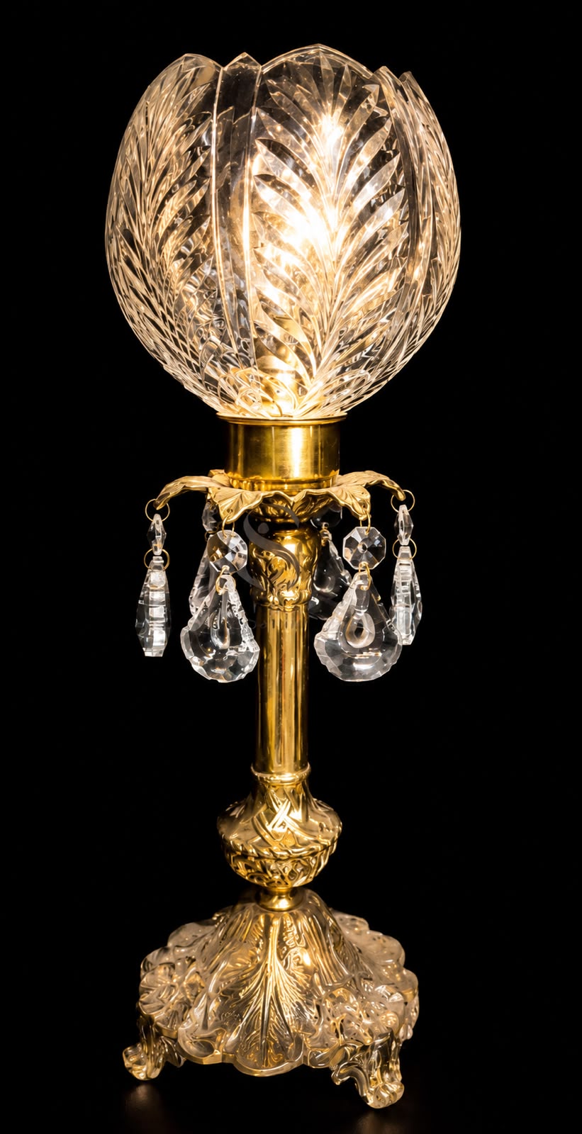 Rajmahal Crystal-Drop Pedestal Table Lamp — Feather-Cut Tulip Shade · SGE-TL-044 · Samrat Glass Emporium