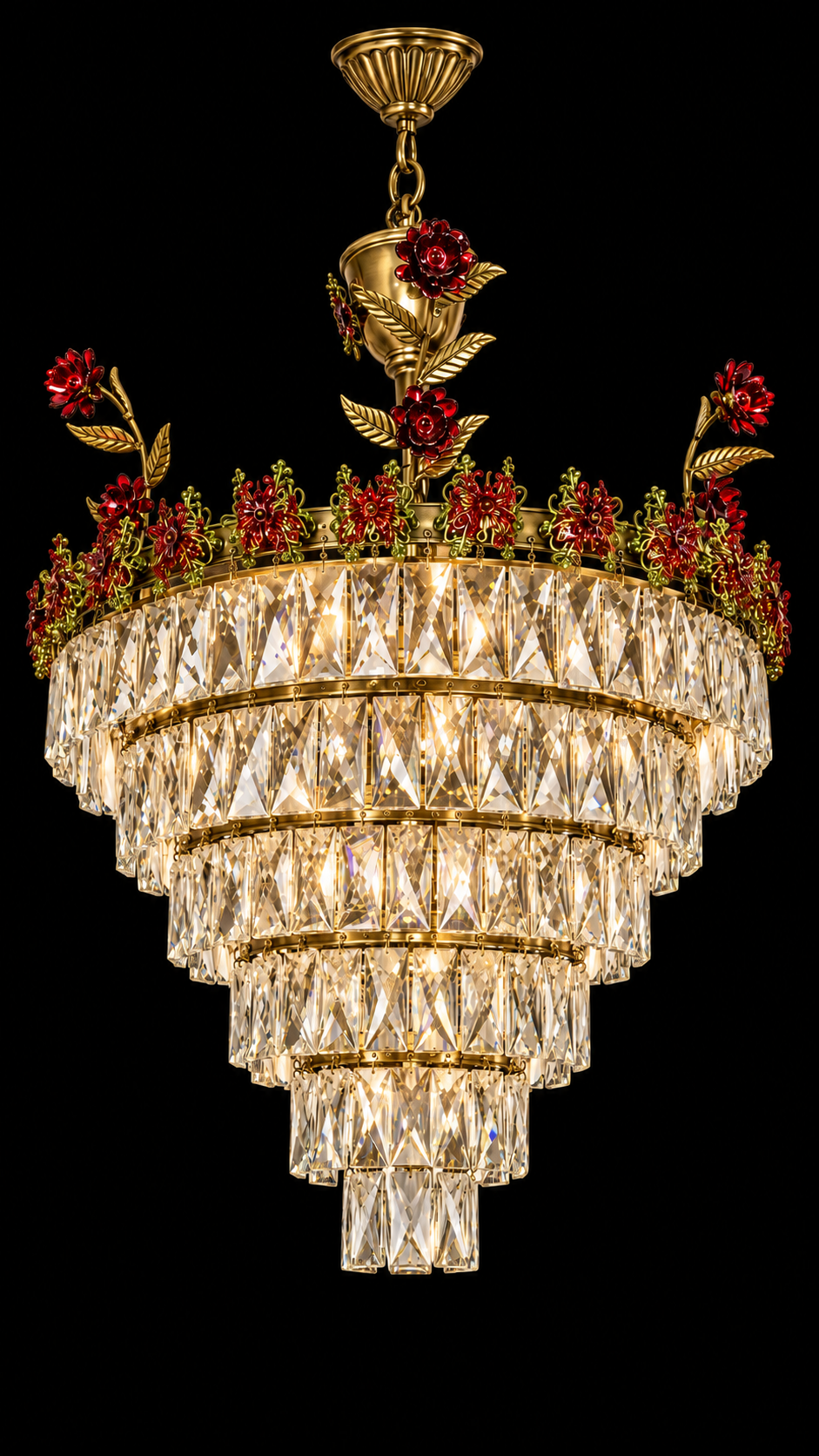 Gulabshikhar Red-Rose Crystal-Prism Six-Tier Cascade Chandelier · SGE-CH-148 · Samrat Glass Emporium