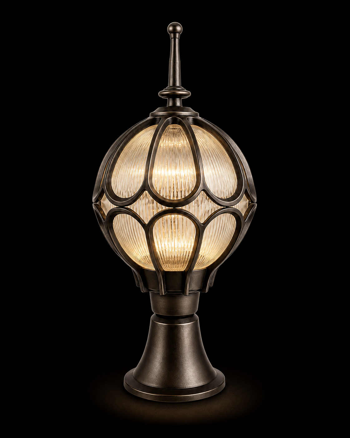 Padmakosh Ribbed-Glass Globe Bronze Gate Pillar Lamp