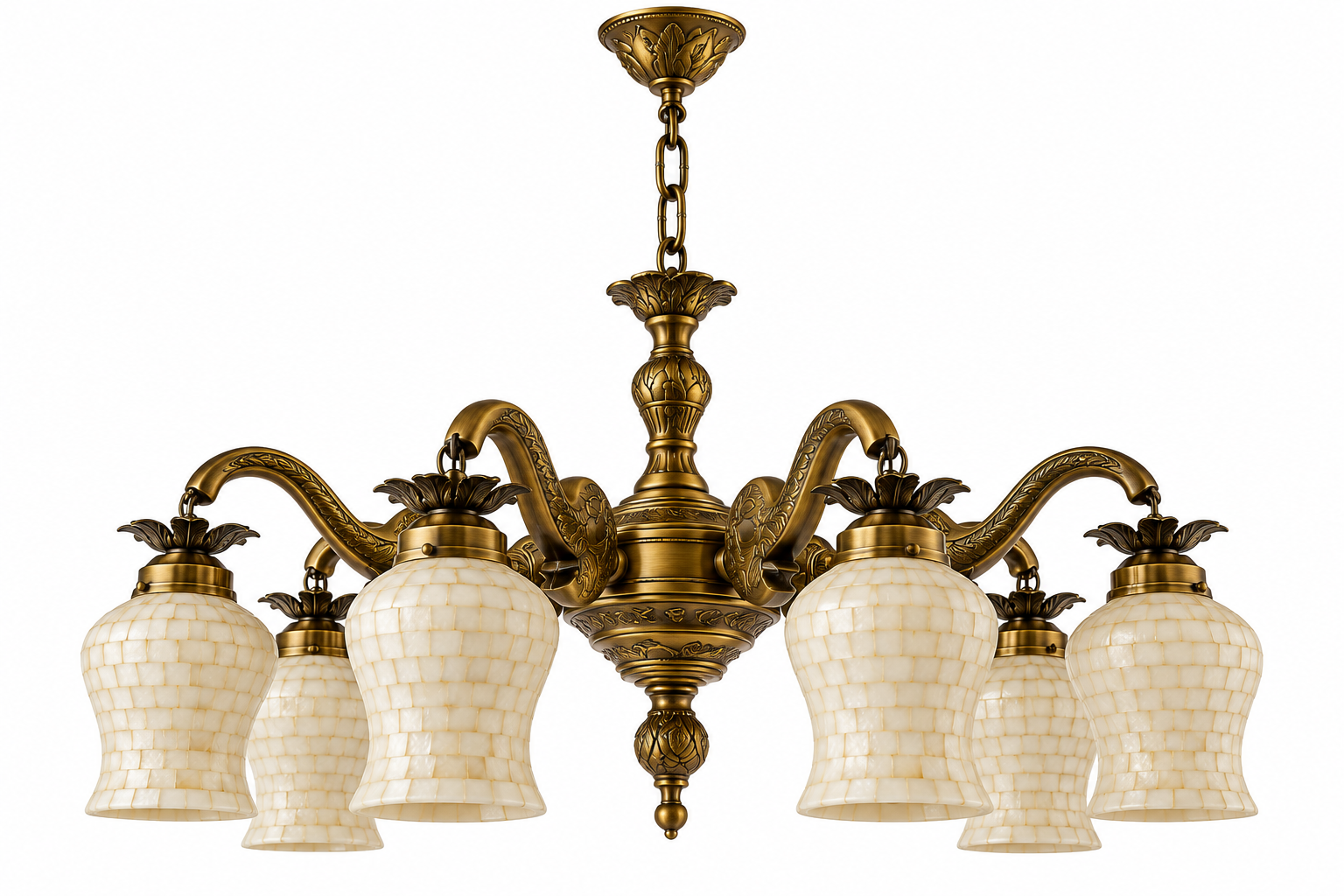 Gajmahal Ivory-Mosaic Glass Six-Light Elephant-Arm Chandelier · SGE-CH-150 · Samrat Glass Emporium — view 2