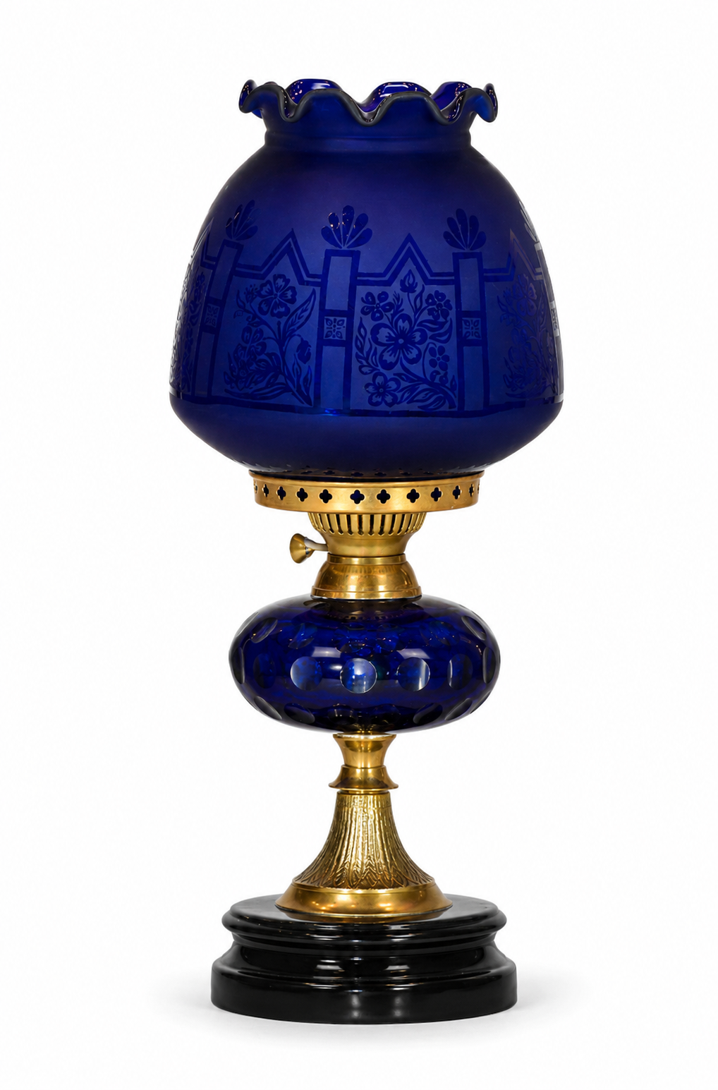 Rangbagh Scalloped Floral Hurricane Table Lamp — Cobalt Dimpled Reservoir · SGE-TL-061 · Samrat Glass Emporium — view 2