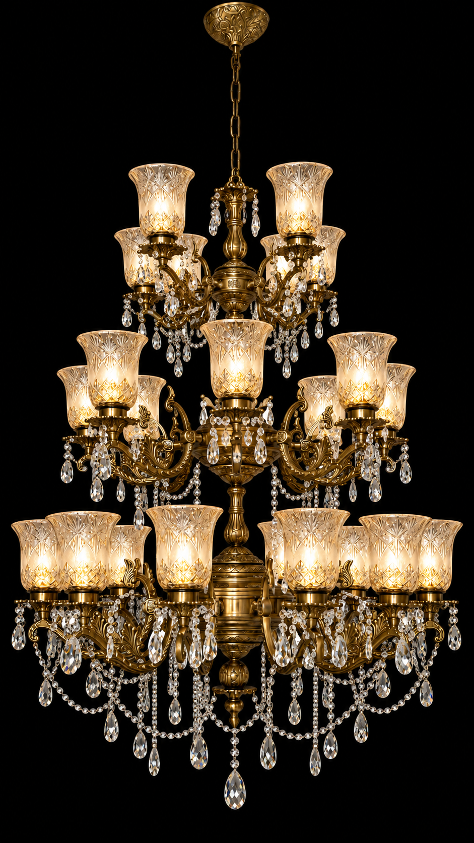 Ratnadeep Fan-Cut Diamond-Panel Hurricane Glass Chandelier — Grand Three-Tier Crystal Cascade · SGE-CH-147 · Samrat Glass Emporium