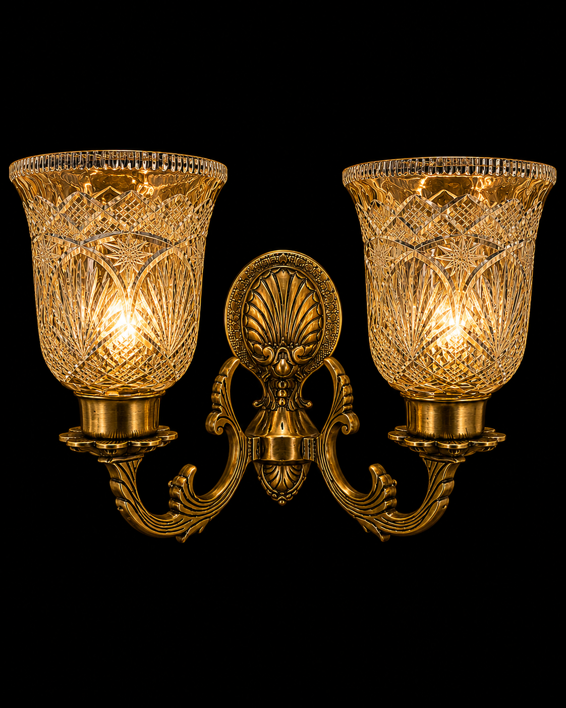 Tarangrekha Fan-and-Diamond-Cut Clear Glass Twin-Light Wall Sconce