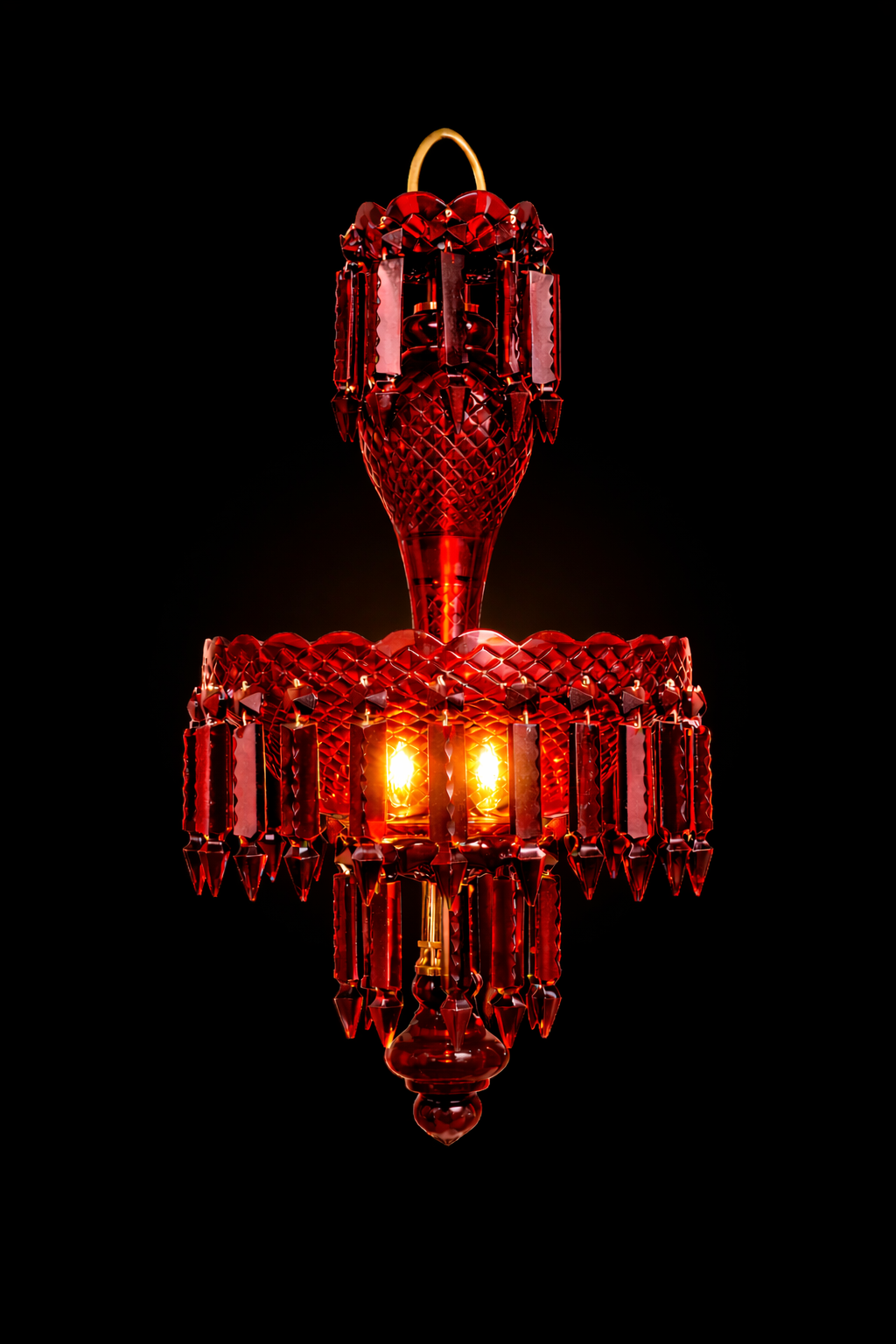 Haritma Ruby Cut-Glass Hanging Light — Twin-Light Prism Cascade