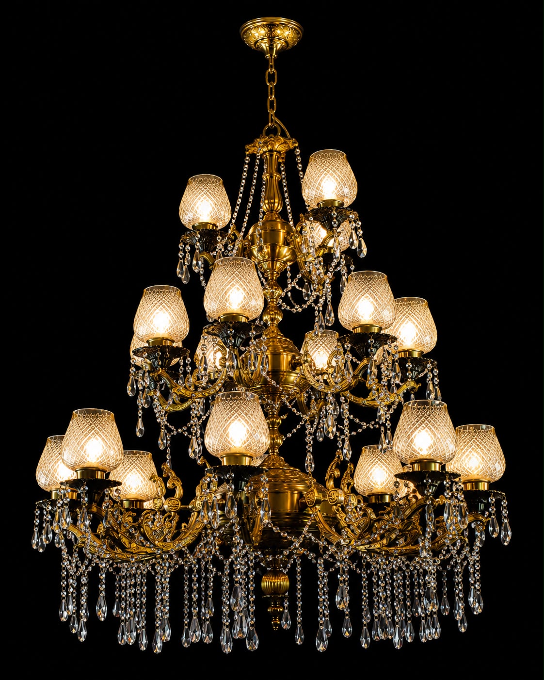 Ratnadeep Diamond-Lattice Hurricane Glass Chandelier — Grand Three-Tier Crystal Cascade