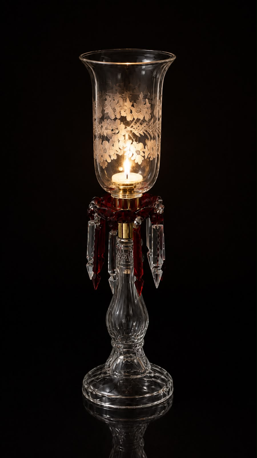 Etched Blossom Ruby Drop Candle Stand · SGE-CS-006 · Samrat Glass Emporium