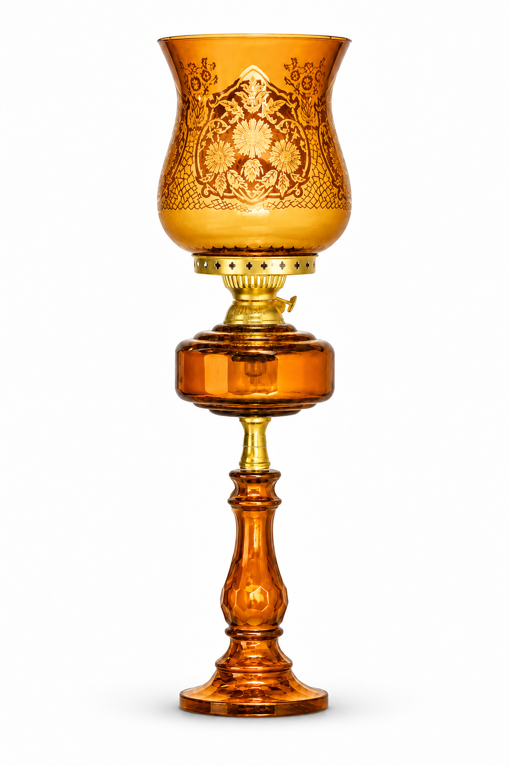 Gulbahar Etched Floral Hurricane Table Lamp — Amber · SGE-TL-067 · Samrat Glass Emporium — view 2