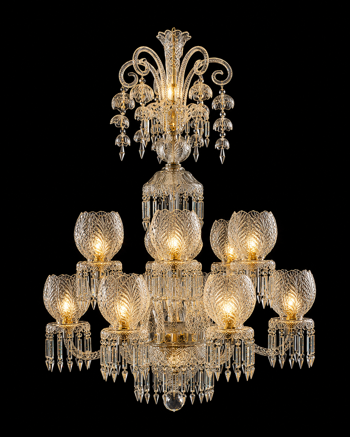 Mayurpushp Feather-Tulip Twelve-Light Grand Crystal Chandelier