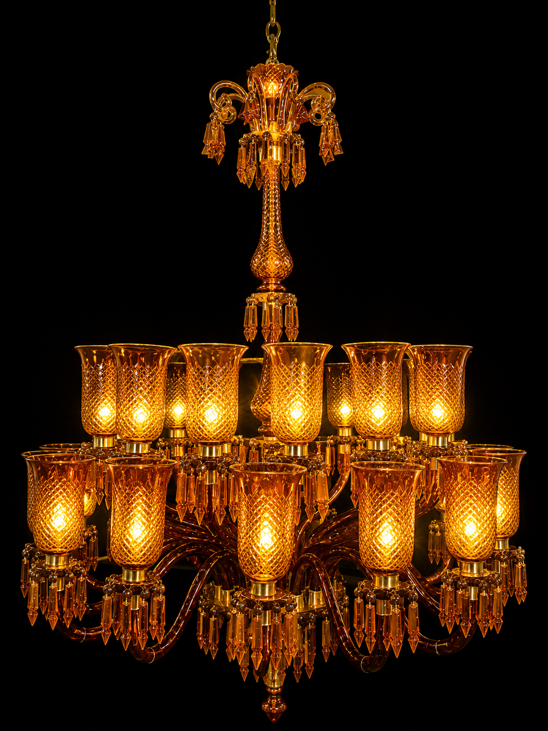 Amber Crown Thirty-Light Two-Step Cut-Glass Chandelier · SGE-CH-090 · Samrat Glass Emporium