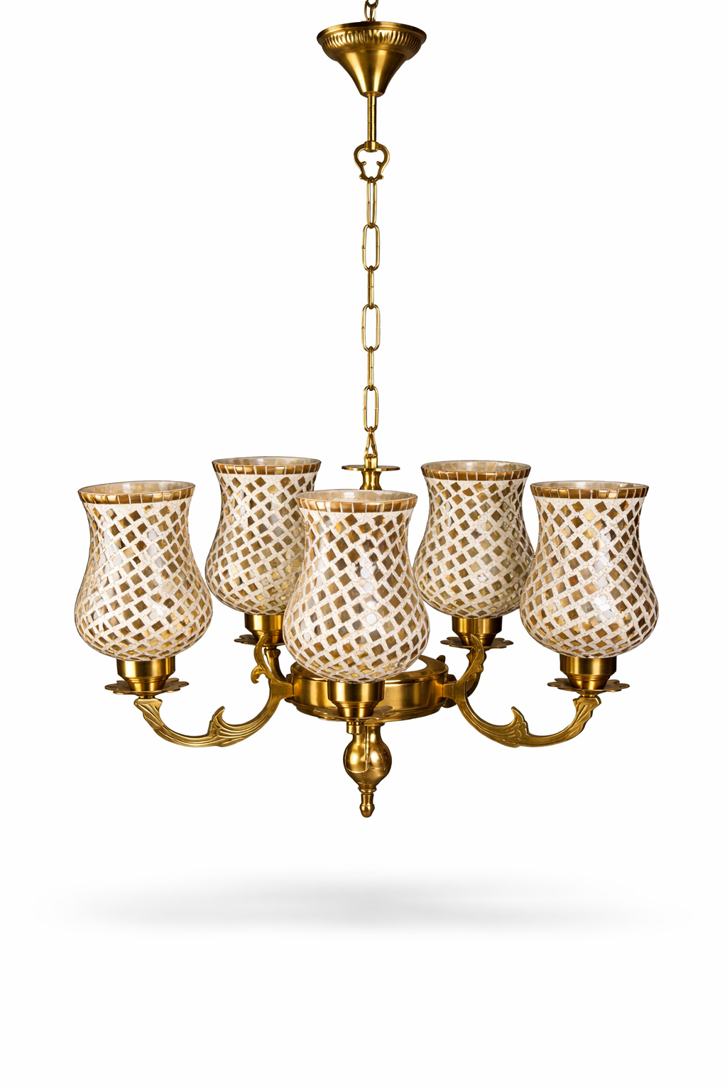 Tarangrekha Brass-Band Ivory Mosaic Glass Five-Light Chandelier · SGE-CH-105 · Samrat Glass Emporium — view 2