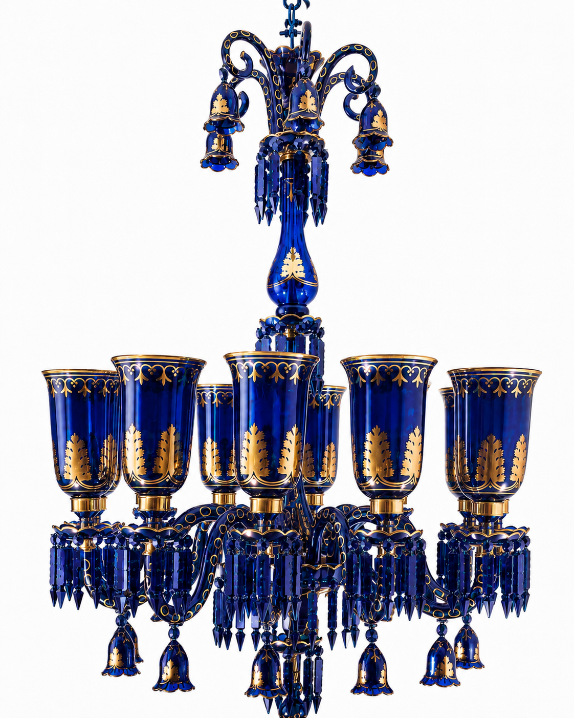 Bagh-e-Noor Gold-Decorated 12-Light Glass Chandelier — Cobalt Blue · SGE-CH-094 · Samrat Glass Emporium — view 2