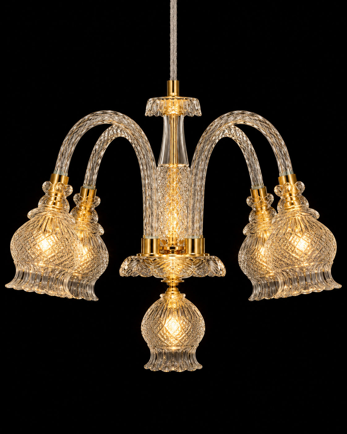 Pushpghanta Diamond-Lattice Bell-Glass Five-Light Chandelier