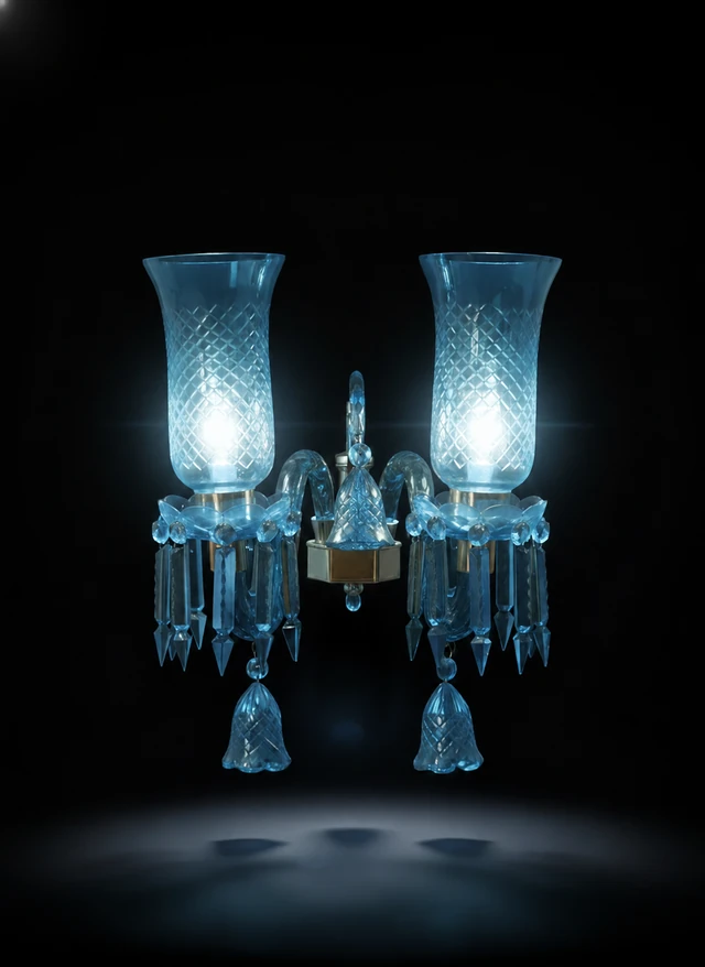 Meher Diamond-Cut Tulip Twin-Light Crystal Wall Sconce — Sky Blue · Wall Light · SGE-WL-073 · Samrat Glass Emporium