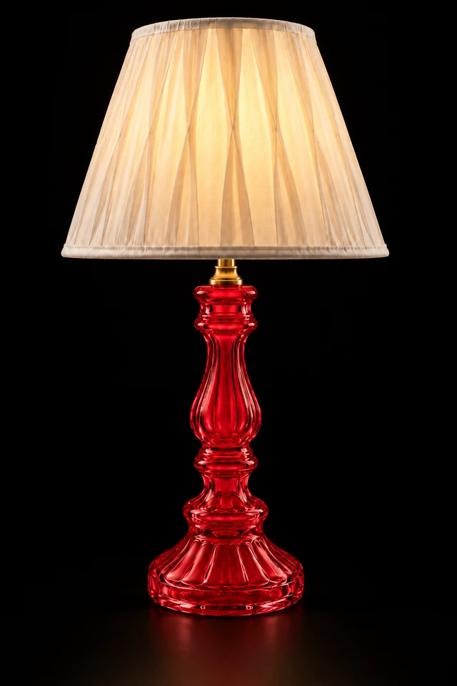 Rangstambh Ruby-Red Fluted-Glass Baluster Table Lamp — Pleated Ivory Shade · SGE-TL-091 · Samrat Glass Emporium