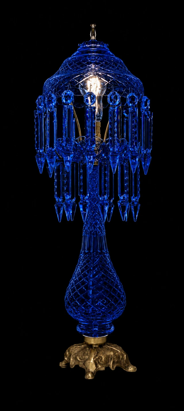 Sheesh Mahal Cobalt-Blue Diamond-Cut Prism-Canopy Table Lamp · SGE-TL-039 · Samrat Glass Emporium