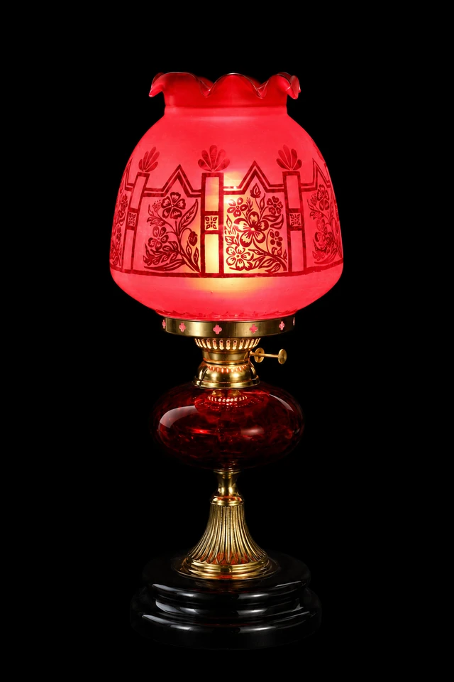 Rangbagh Ruby-Red Scalloped Floral Hurricane Table Lamp · SGE-TL-031 · Samrat Glass Emporium