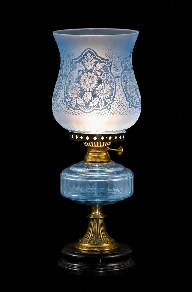 Gulbagh Powder-Blue Floral-Etched Hurricane Table Lamp · SGE-TL-028 · Samrat Glass Emporium