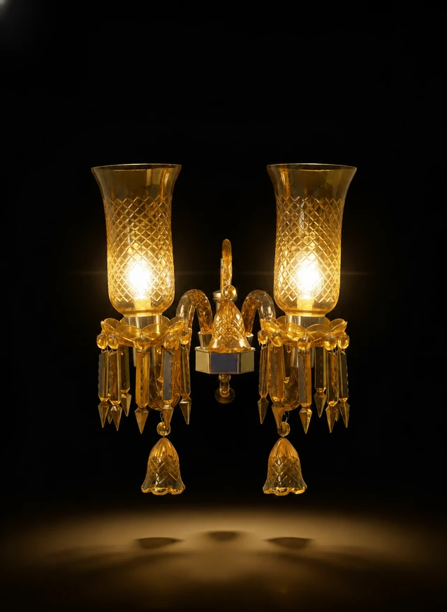Meher Diamond-Cut Tulip Twin-Light Crystal Wall Sconce — Golden Yellow · Wall Light · SGE-WL-070 · Samrat Glass Emporium