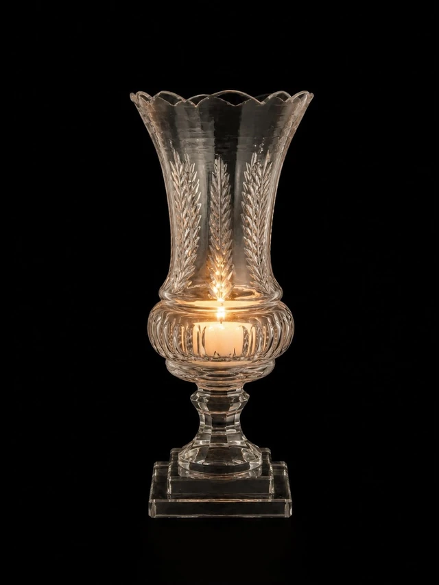Kanakdhara Etched-Wheat Scallop Glass Candle Stand · SGE-CS-011 · Samrat Glass Emporium