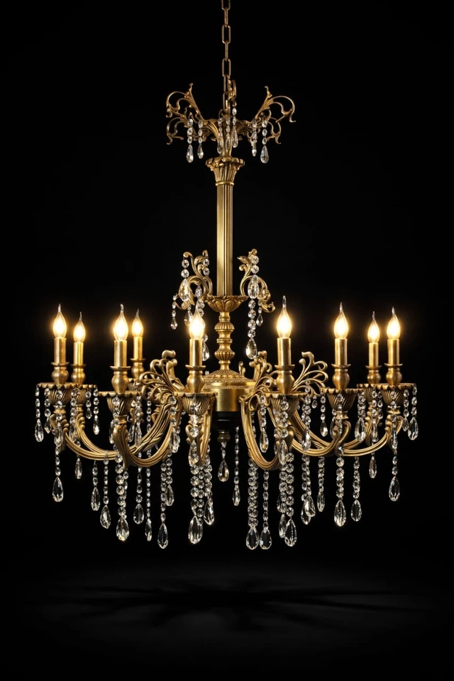 Mayurcrest Crystal-Draped Ten-Light Antique Gold Chandelier · SGE-CH-001 · Samrat Glass Emporium
