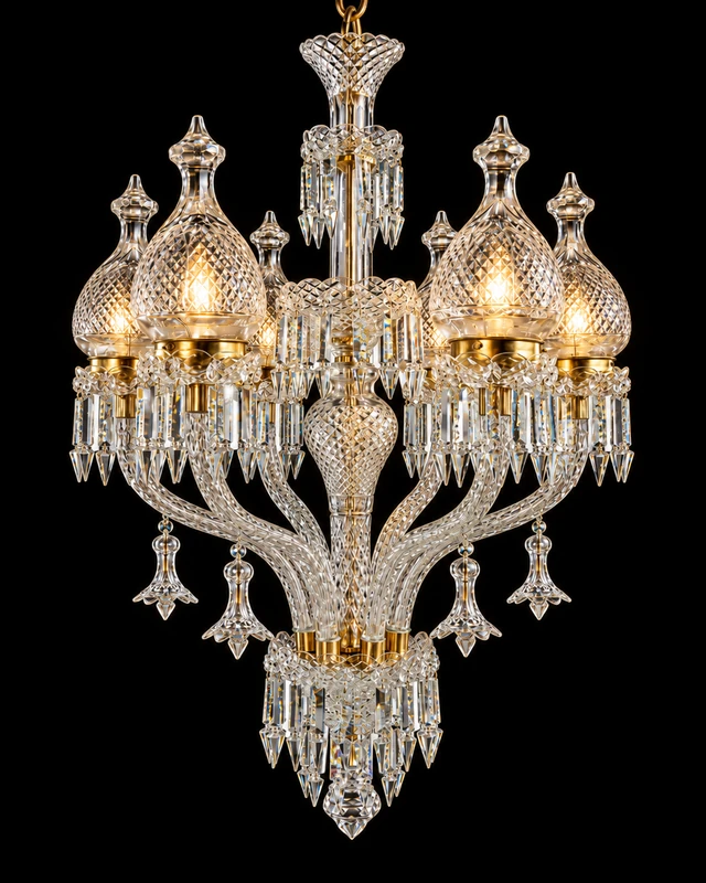 Surahimahal Diamond-Lattice Teardrop-Shade Six-Light Crystal Chandelier · SGE-CH-114 · Samrat Glass Emporium