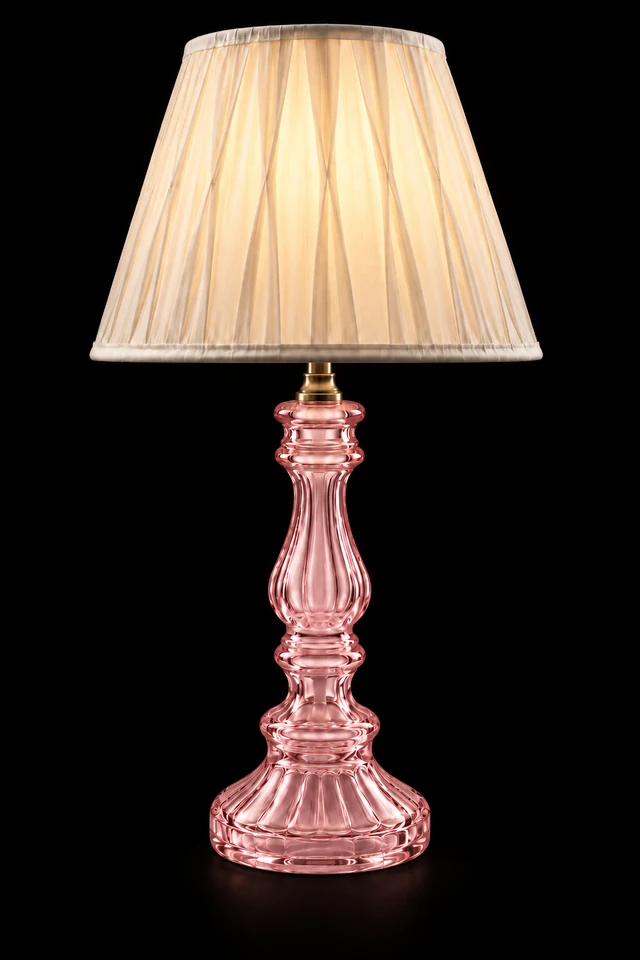 Rangstambh Rose-Pink Fluted-Glass Baluster Table Lamp — Pleated Ivory Shade · SGE-TL-089 · Samrat Glass Emporium