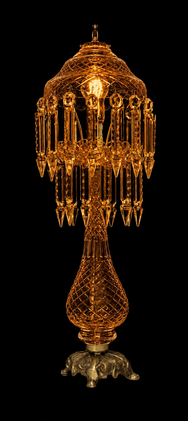 Sheesh Mahal Prism-Canopy Table Lamp — Amber Gold · SGE-TL-040 · Samrat Glass Emporium