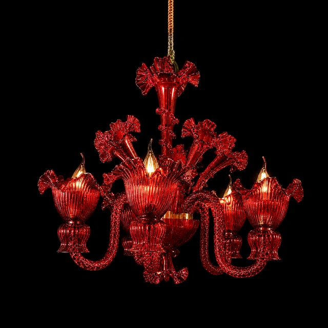 Gulzar Ruby-Red Floral-Glass Five-Light Chandelier · SGE-CH-108 · Samrat Glass Emporium