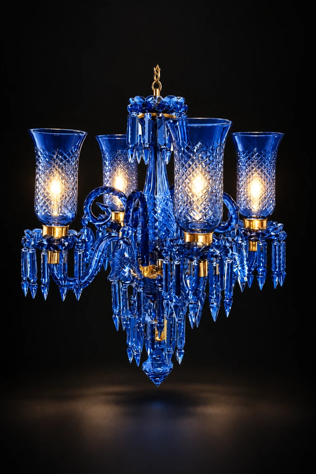 Meher Diamond-Cut Tulip Chandelier — 4-Light Cobalt Blue · SGE-CH-132 · Samrat Glass Emporium
