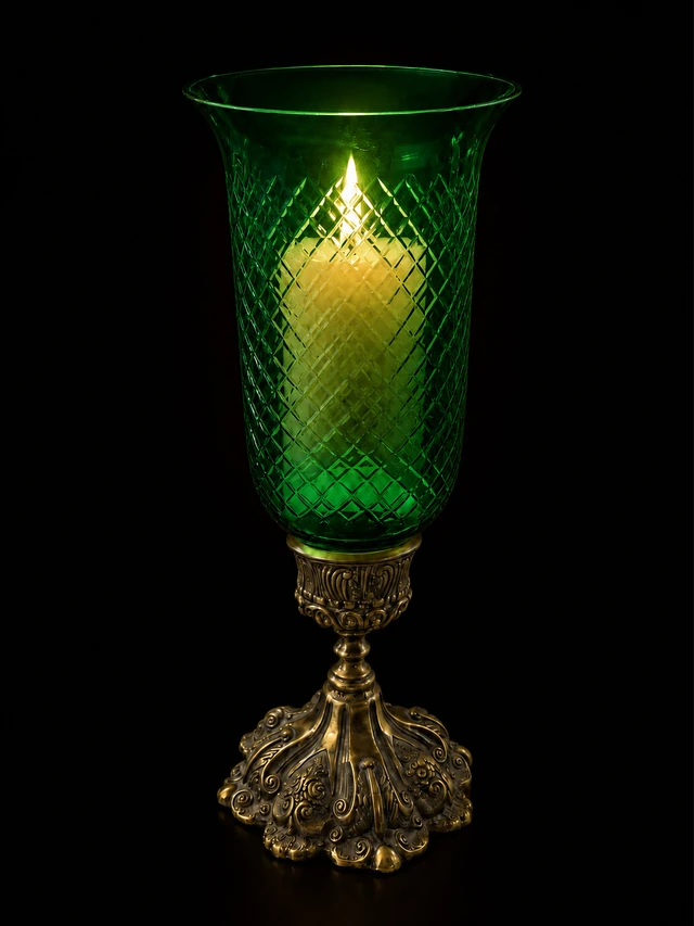 Rajwada Diamond-Cut Hurricane Candle Stand — Emerald · SGE-CS-012 · Samrat Glass Emporium