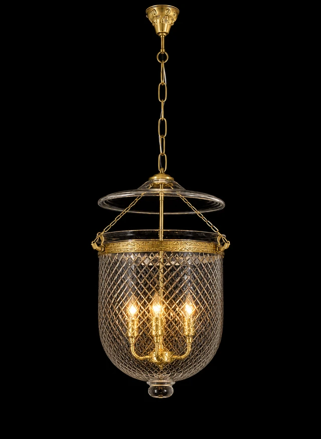 Kandil Bell-Jar Glass Hanging Light — Diamond-Lattice Three-Light · SGE-HL-065 · Samrat Glass Emporium