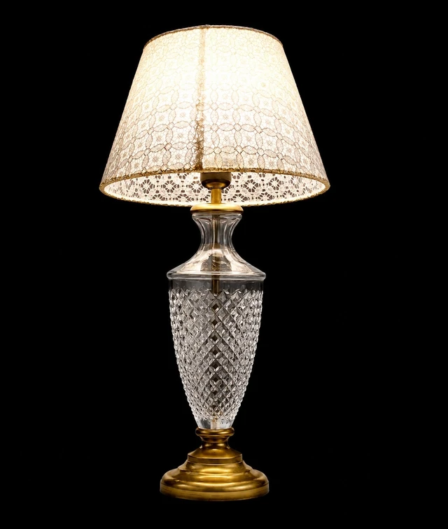 Aaroh Tapered Clear-Glass Table Lamp — Diamond-Cut Glass, Lace Shade · SGE-TL-049 · Samrat Glass Emporium