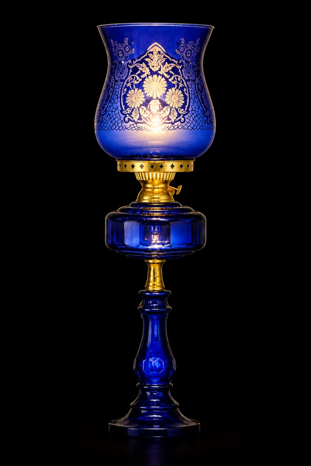 Gulbahar Etched Floral Hurricane Table Lamp — Cobalt Blue · SGE-TL-071 · Samrat Glass Emporium