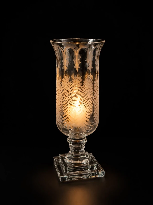 Vanmala Etched-Fern Clear Glass Candle Stand · SGE-CS-005 · Samrat Glass Emporium