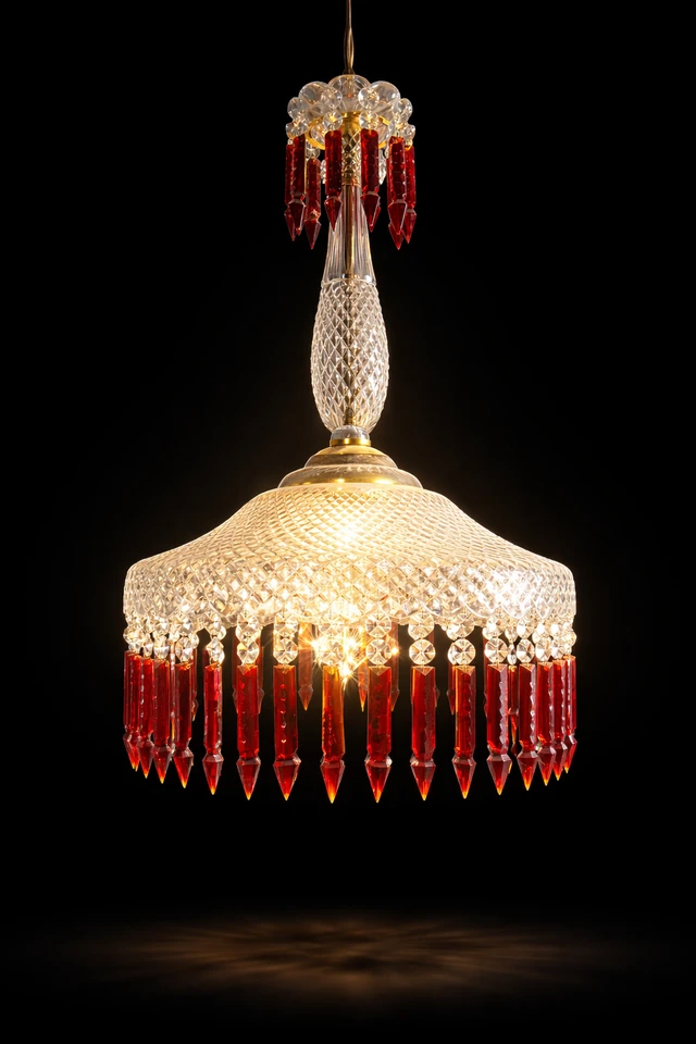 Raktambara Diamond-Cut Crystal Hanging Light — Ruby Prism Fringe · SGE-HL-019 · Samrat Glass Emporium