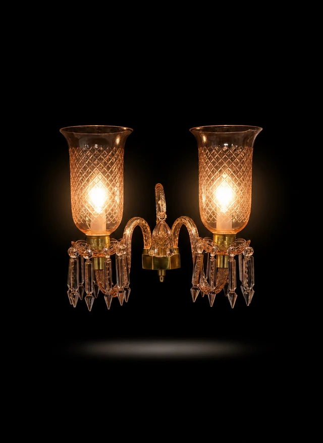Meher Diamond-Cut Tulip Twin-Light Crystal Wall Sconce — Blush Pink · Wall Light · SGE-WL-066 · Samrat Glass Emporium