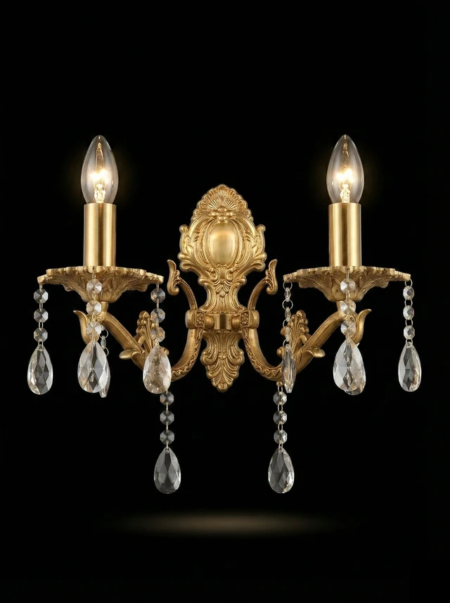 Rajdarbar Crystal-Drop Twin-Light Candle Wall Sconce · Wall Light · SGE-WL-086 · Samrat Glass Emporium