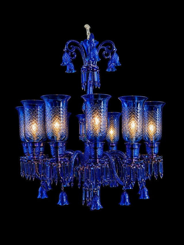 Meher Diamond-Cut Tulip Grand Chandelier — 12-Light Cobalt Blue · SGE-CH-086 · Samrat Glass Emporium