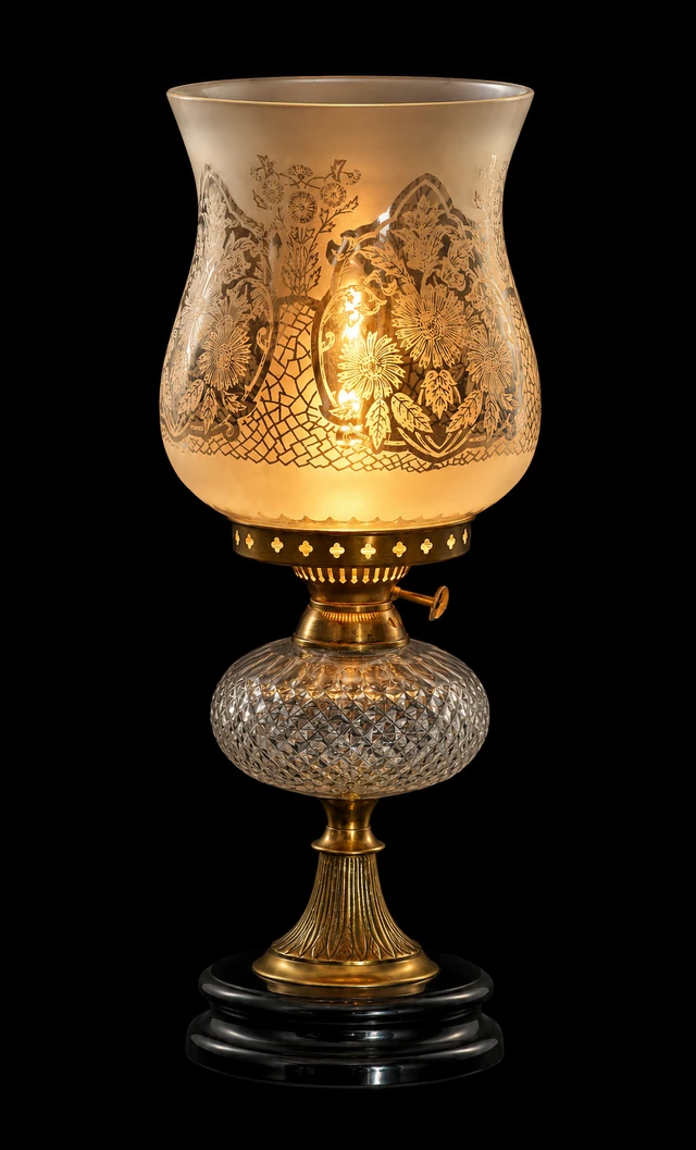 Gulistan Frosted-Clear Floral Hurricane Table Lamp with Diamond Reservoir · SGE-TL-033 · Samrat Glass Emporium
