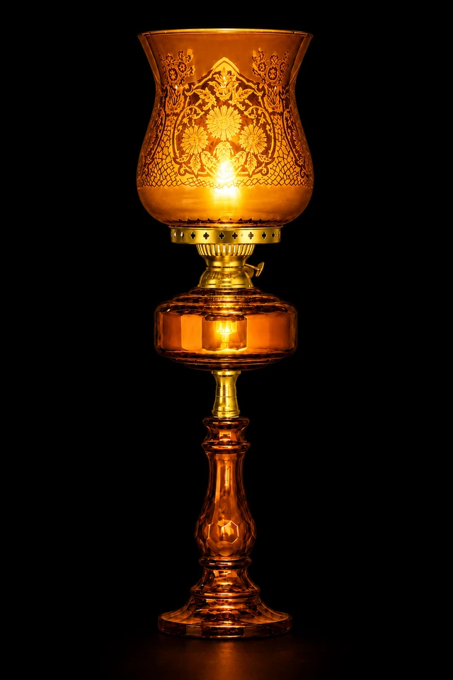Gulbahar Etched Floral Hurricane Table Lamp — Amber · SGE-TL-067 · Samrat Glass Emporium